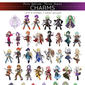 May include: A set of 25 Fire Emblem: Three Hopes character charms. The charms are approximately 2.5-3 inches in size and are made of clear acrylic. Each charm features a different character from the game, including the main characters, supporting characters, and villains. The charms are perfect for fans of the Fire Emblem series.