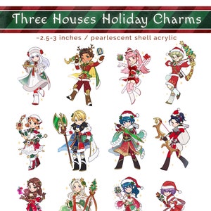 May include: A collection of pearlescent shell acrylic charms, each approximately 2.5-3 inches in size. The charms feature various characters in festive holiday attire. The text "Three Houses Holiday Charms" is at the top.