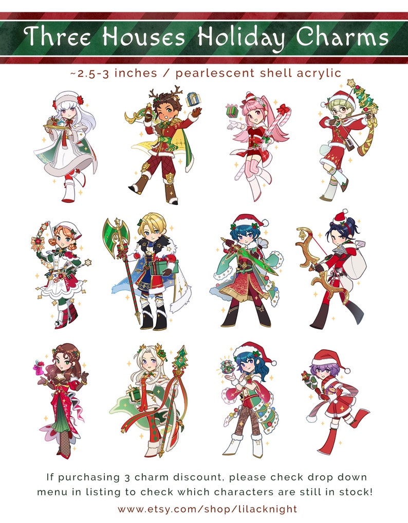 May include: A collection of pearlescent shell acrylic charms, each approximately 2.5-3 inches in size. The charms feature various characters in festive holiday attire. The text "Three Houses Holiday Charms" is at the top.