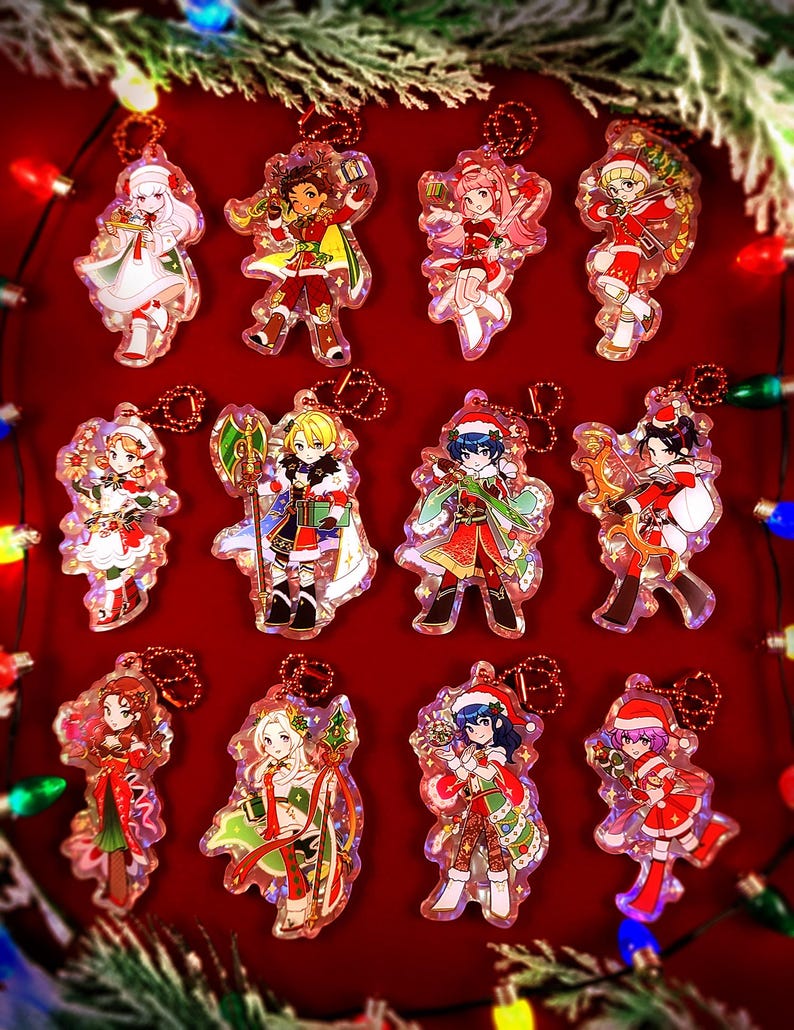May include: A collection of Christmas-themed acrylic keychains featuring anime-style characters in festive outfits. Each keychain has a unique design with vibrant colors, attached to a metal ring. The background is a deep red with Christmas lights.