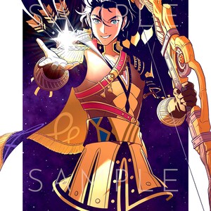 May include: A male anime character with black hair and blue eyes, wearing a gold and brown outfit, holds a glowing orb in his right hand and a golden bow in his left hand. The background is a dark purple with white streaks and stars.