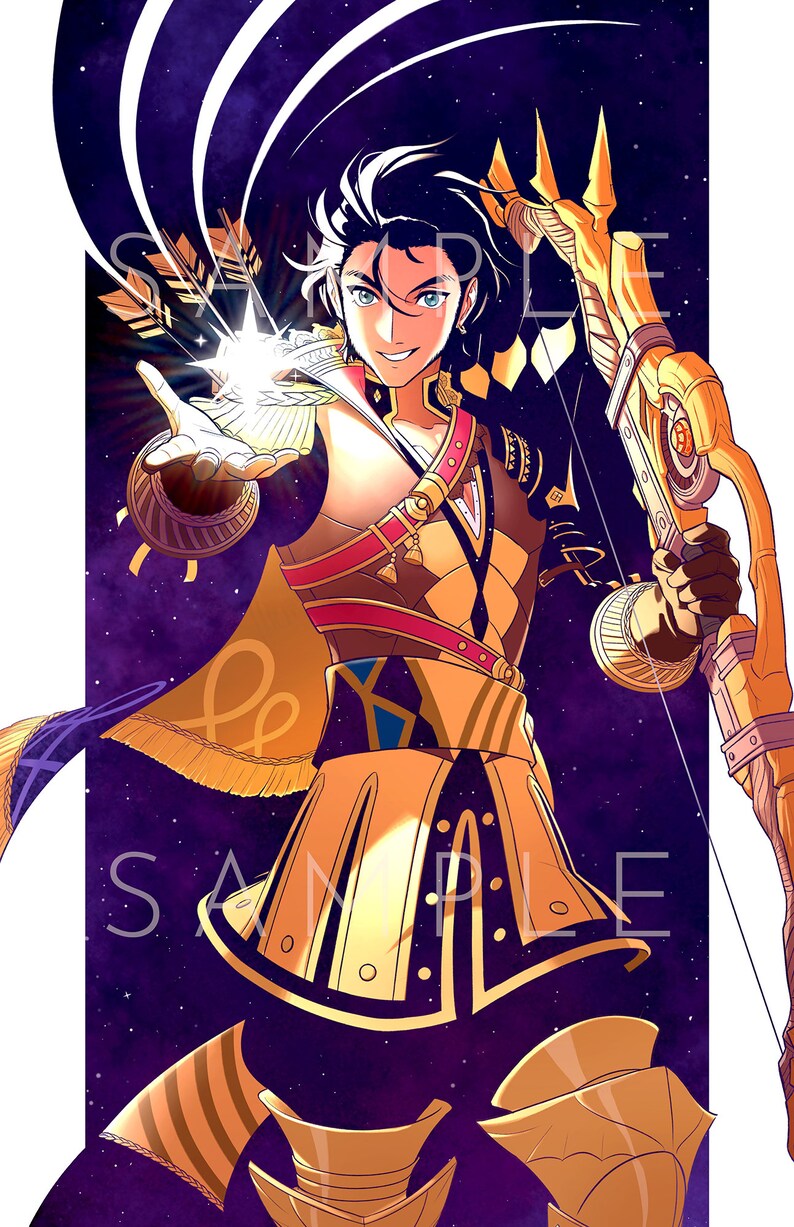 May include: A male anime character with black hair and blue eyes, wearing a gold and brown outfit, holds a glowing orb in his right hand and a golden bow in his left hand. The background is a dark purple with white streaks and stars.