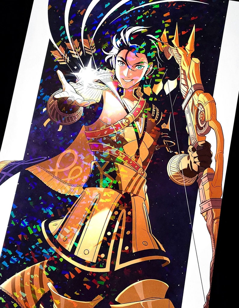 May include: A digital illustration of a person with black hair and green eyes wearing a gold and black outfit. The person is holding a bow and arrow and is surrounded by a holographic background.