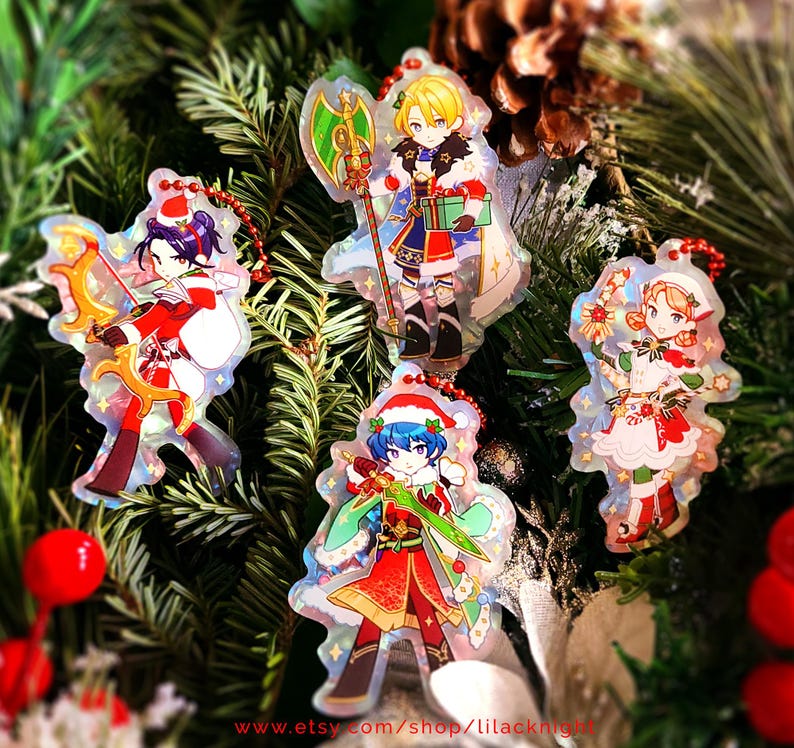 May include: Christmas-themed anime character acrylic charms. Each charm features a different character in festive attire, including Santa hats and holiday-themed weapons. The charms are on a Christmas tree background, with a website address at the bottom.