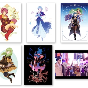 May include: A set of six illustrated cards featuring anime-style characters. The cards are printed on white cardstock and have a glossy finish. The characters are depicted in various poses and settings, including a green-haired character holding a fish, a blue-haired character with a sword, and a group of characters standing in front of a city skyline.