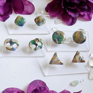 Handmade Blue, Green & White Marble Polymer Clay Stud Earrings | Lightweight Jewelry