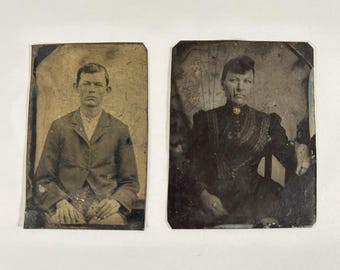 Antique Tintype Photo Set of 2 Portraits Young Man and Victorian Woman 3 in