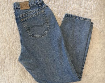 Jeans vintage Lee da donna, taglia 16 PET, blu, vita alta, gamba affusolata, vestibilità comoda, stile anni '90.