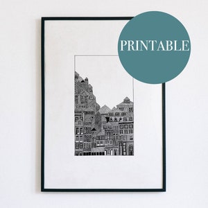 Fishing Village - Printable Illustration, art, decor