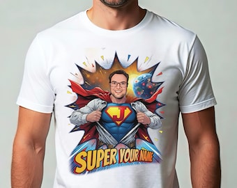 Personalisiertes Superhelden-Karikatur-Shirt: Personalisiertes Comic-Portrait Geschenk, personalisiertes Grafik-T-Shirt