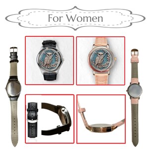 May include: A selection of watches featuring owl designs. The watches have leather straps in black, pink, and beige. The watch faces display an owl illustration in a blue and white colour scheme. The text "For Women" is at the top of the image.
