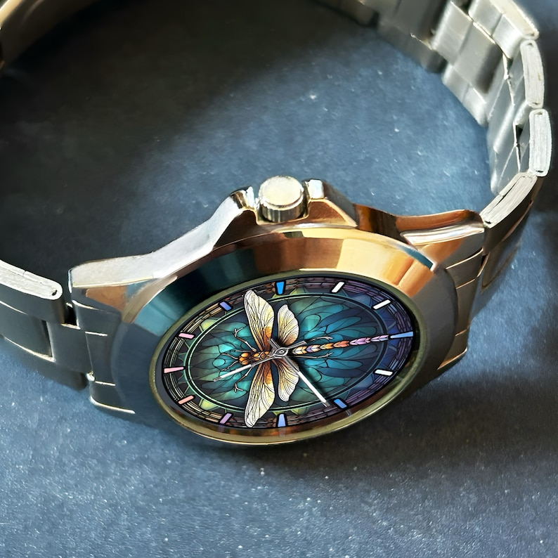 Watches for Women, Dragon Fly Gift, Unique Watches, Unisex Wristwatch, Colorful Hour Marks, Gold Watch, Silver Watch, Watch for Men & Women image 2