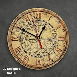 May include: A round wall clock featuring a beige face with a printed illustration of intricate mechanical gears and cogs. The clock has copper-colored Roman numerals, black hour and minute hands, and a thin red second hand. Text reads 2D Designed Not 3D.