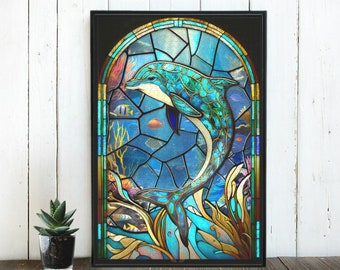 Casse-tête dauphin, casse-tête artistique en vitrail de style vitrail d'aquarium, cadeau dauphin, casse-tête en bois, casse-tête en faux vitrail, beau casse-tête