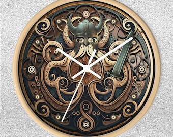 Orologio da parete in legno a forma di polpo vichingo: decorazione mitologica nautica