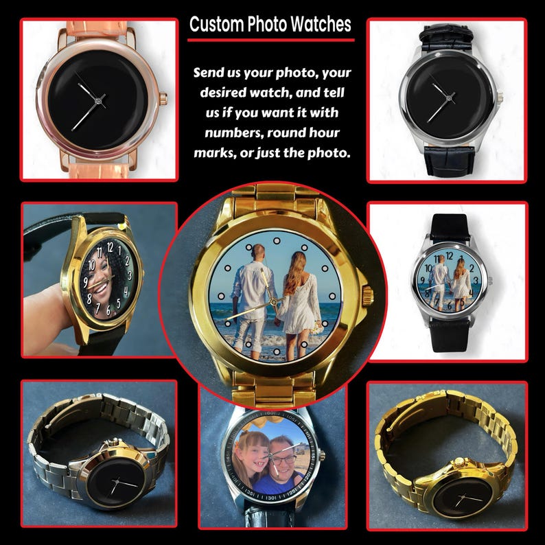 K&ouml;nnte beinhalten: Eine Collage von personalisierten Fotouhren mit verschiedenen Armb&auml;ndern und Zifferbl&auml;ttern. Einige Uhren haben schwarze Zifferbl&auml;tter, andere zeigen Fotos. Der Text "Custom Photo Watches" und Anweisungen sind ebenfalls sichtbar.