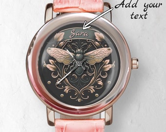 Bee Art Nouveau Watch: Personalized Rose Gold & Pink Leather
