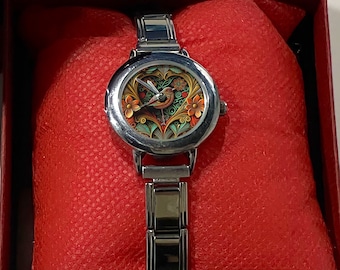 Floral Bird Stainless Steel Watch: Personalized Charm Bracelet Handmade Stainless Steel Leather Watches