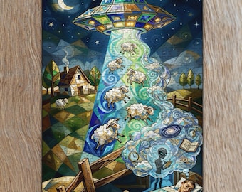 UFO Alien Puzzle, Sheep Abduction Wooden Jigsaw Puzzle, Sci Fi Alien Research on Human Dreams