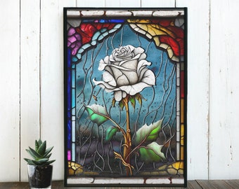 Puzzle rose blanche, vitrail fleur, jour de pluie par fenêtre, goutte d'eau, puzzle floral, puzzle en bois, beau puzzle, cadeau fleur