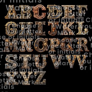 K&ouml;nnte beinhalten: Steampunk-Alphabet von A bis Z, jede Buchstabe aufwendig mit Zahnr&auml;dern, Zahnkr&auml;nzen und metallischen Texturen in Bronze-, Kupfer- und Silbert&ouml;nen gestaltet. Die Buchstaben werden vor einem schwarzen Hintergrund angezeigt.