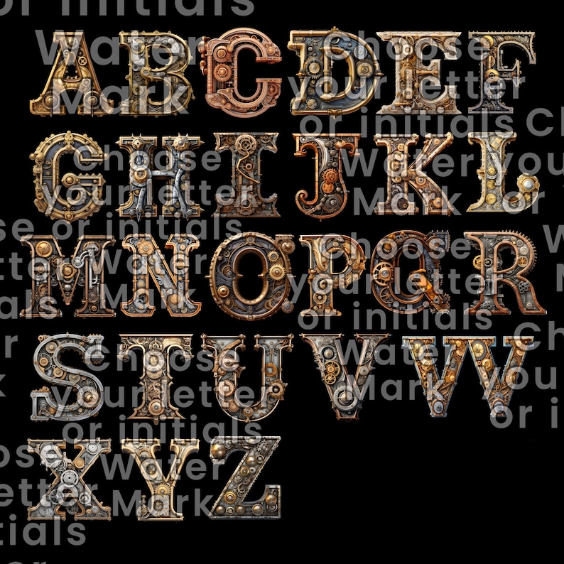 K&ouml;nnte beinhalten: Steampunk-Alphabet von A bis Z, jede Buchstabe aufwendig mit Zahnr&auml;dern, Zahnkr&auml;nzen und metallischen Texturen in Bronze-, Kupfer- und Silbert&ouml;nen gestaltet. Die Buchstaben werden vor einem schwarzen Hintergrund angezeigt.