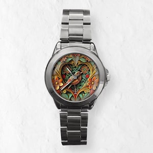Watches for Women, Bird Watch, Personalized Watch, Unique Watches, Floral Wristwatch, Unisex Watch, Time Piece, Leather and Stainless Steel StainlessSteelSilver