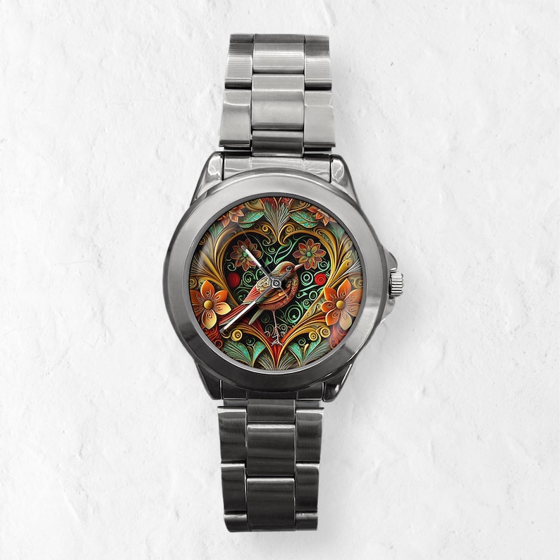 Watches for Women, Bird Watch, Personalized Watch, Unique Watches, Floral Wristwatch, Unisex Watch, Time Piece, Leather and Stainless Steel StainlessSteelSilver