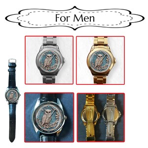 May include: Wristwatches with an owl design. The watches have silver, gold, and black bands. The watch faces feature an owl illustration with a blue and brown colour scheme. The text "For Men" is at the top of the image.