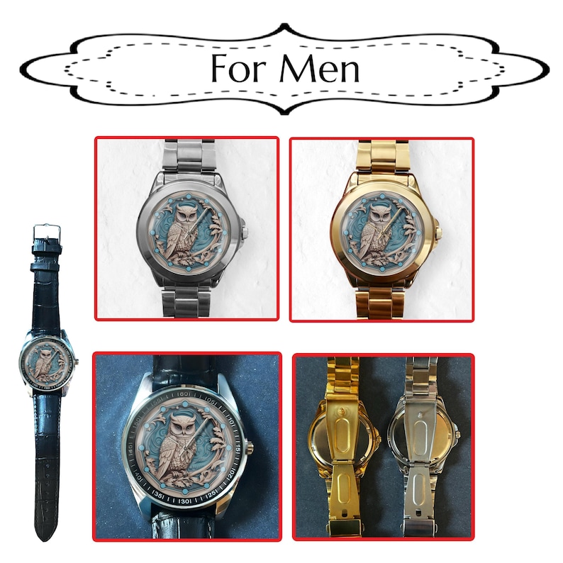 May include: Wristwatches with an owl design. The watches have silver, gold, and black bands. The watch faces feature an owl illustration with a blue and brown colour scheme. The text "For Men" is at the top of the image.