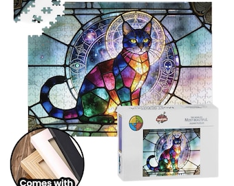 Stained Glass Cat Wooden Jigsaw Puzzle with Frame - 500 Piece Cat Wall Art