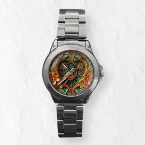 Montres pour femme, montre oiseau, montres uniques, montre-bracelet à fleurs, montre unisexe, pour homme ou femme, montres en cuir et bracelet en acier inoxydable image 10