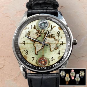 Montre carte du monde, montre homme unique, montre-bracelet unisexe, montre de style vintage, montres intemporelles, cadeau de voyage, pour femme et homme, pièce d'horlogerie