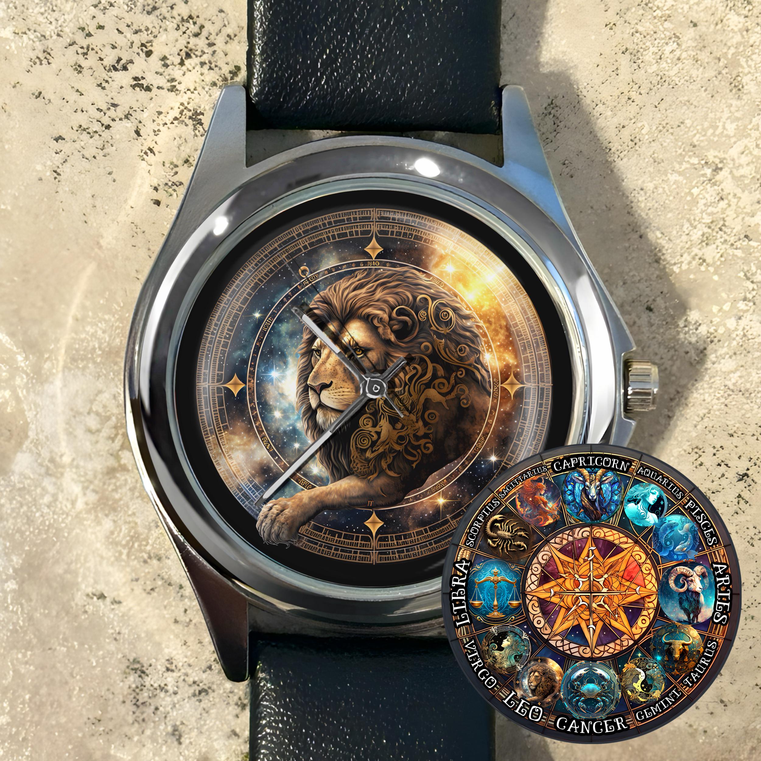 Zodiac Watch: Astrology Sign, Leather Band, Unisex Watches, Birthday Gift