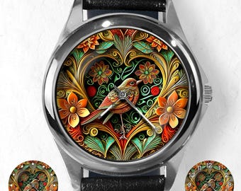 Watches for Women, Bird Watch, Time Piece, Unique Watches, Floral Heart Wristwatch, Handmade Leather and Stainless Steel