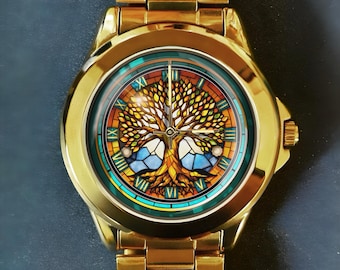 Baum des Lebens Uhr, Buntglas Gedruckt Design, Wählen Sie aus 7 verschiedenen Uhren, Edelstahl und Leder mit römischen Ziffern