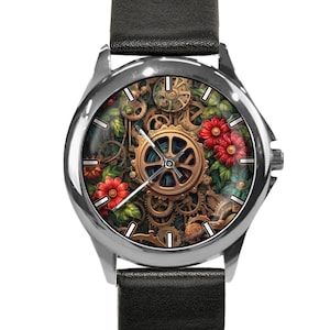 Steampunk Watch for Women, Unique Watch, Gears and Flowers, Timepiece, Steampunk Gift, Gold Watch, Silver Watch, Leather or Stainless Steel