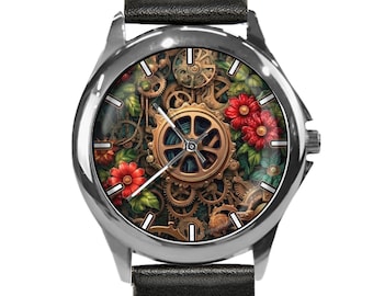 Steampunk Watch: Gears and Flowers, Leather or Stainless Steel Band