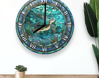 Turtle Clock, Stained Glass Turtle, Wooden Wall Clock, Turtle Swimming, Animal Clocks, Kitchen Decor, Turtle Gift, Clocks for Men or Women