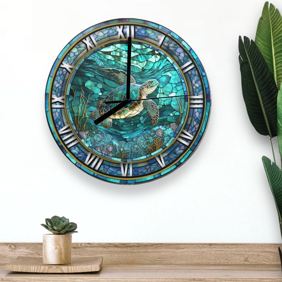 Faux Stained Glass Clock, Wood Clocks, Turtle Clock, Wooden Wall Decor