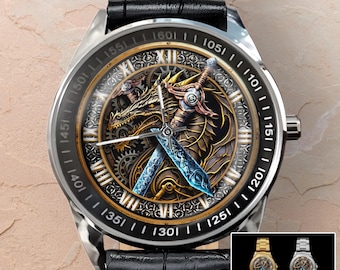 Dragon Sword Watch: Steampunk Viking Men's Wristwatch, Black Leather Band Handmade Watches