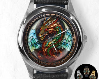 Dragon Wing Watch: Faux Stained Glass Unisex Wristwatch Handmade Stainless Steel Leather Watches