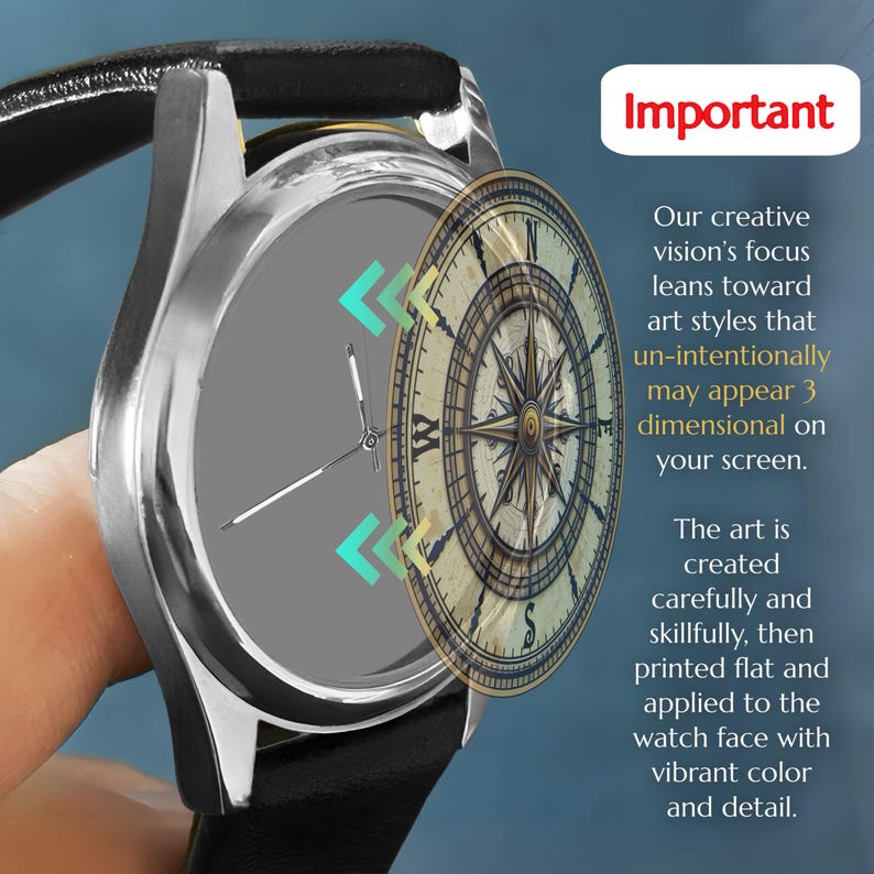 May include: A silver wristwatch with a black leather band. The watch face features a gray background with silver hands and a compass design overlay. The word "Important" is in a red box.