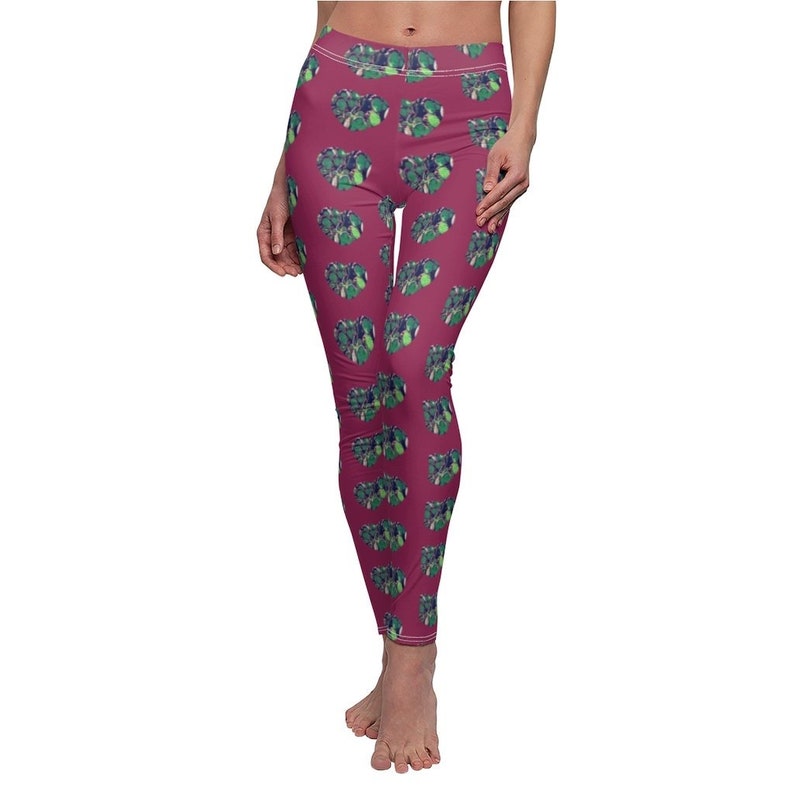 Heart shaped cactus pattern leggings Custom design printed floral hearts gift Berry colored heart pattern Cute women\u2019s yoga pants