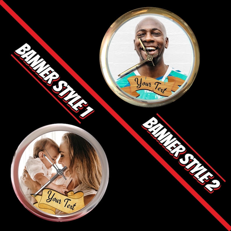 May include: Two round clocks with gold frames and a white background. The clocks have a banner with the text "Your Text" on them. The first clock has a photo of a man smiling. The second clock has a photo of a mother and child.