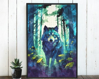 Loup aquarelle, puzzle de loup, loup dans la lumière dans la forêt, puzzle d'animaux en bois, puzzle unique pour adultes, puzzle de 300, 500, 1000 pièces