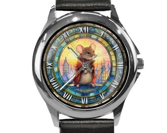 Watch for Women, Mouse Watch, Roman Numeral Watch, City Mouse, Faux Stained Glass Dial, Unique Watches, Mouse Gift, Unisex Quartz Watch