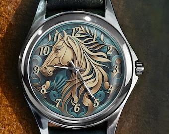 Horse Medallion Watch for Women, 3D Effect Horse watch face, Unique Wristwatches for Women or Men, 6 Different Watch Choices