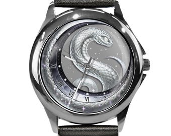 Celestial Snake Watch: Roman Numeral Moon Art Timepiece Handmade Stainless Steel Leather Watches