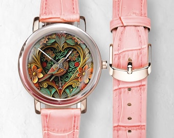 Bird Watch: Rose Gold Women’s Watch, Pink Leather Band, Nouveau floral Heart Watch Face Wristwatch Handmade Stainless Steel Leather Watches